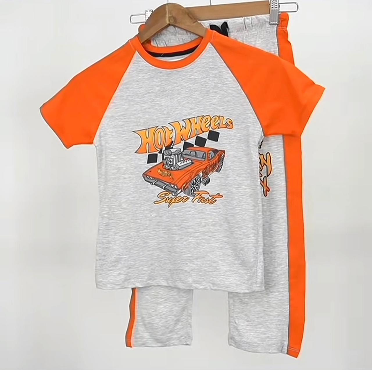 Kids Hot Wheels Inspired Orange & Grey Cotton T-Shirt & Shorts Set