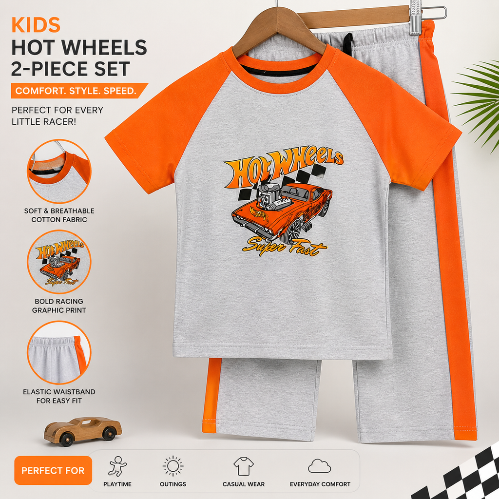 Kids Hot Wheels Inspired Orange & Grey Cotton T-Shirt & Shorts Set