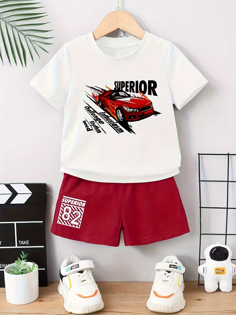 Valentine's Day" and "" Letter and Pattern Print, Boys' Fashion Casual Street Round-neck Short-sleeve T-shirt and Shorts Set, 2pcs Set, Perfect for Outdoor, for Teenager